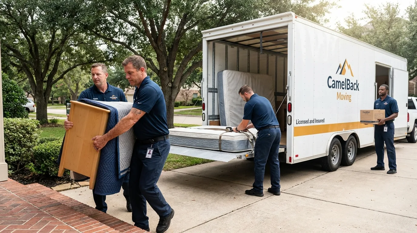 Crew loading residential truck for cross-state move from Mitchellville, IA
