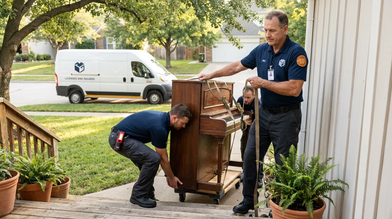 Licensed piano movers securing grand piano in Mitchellville, IA