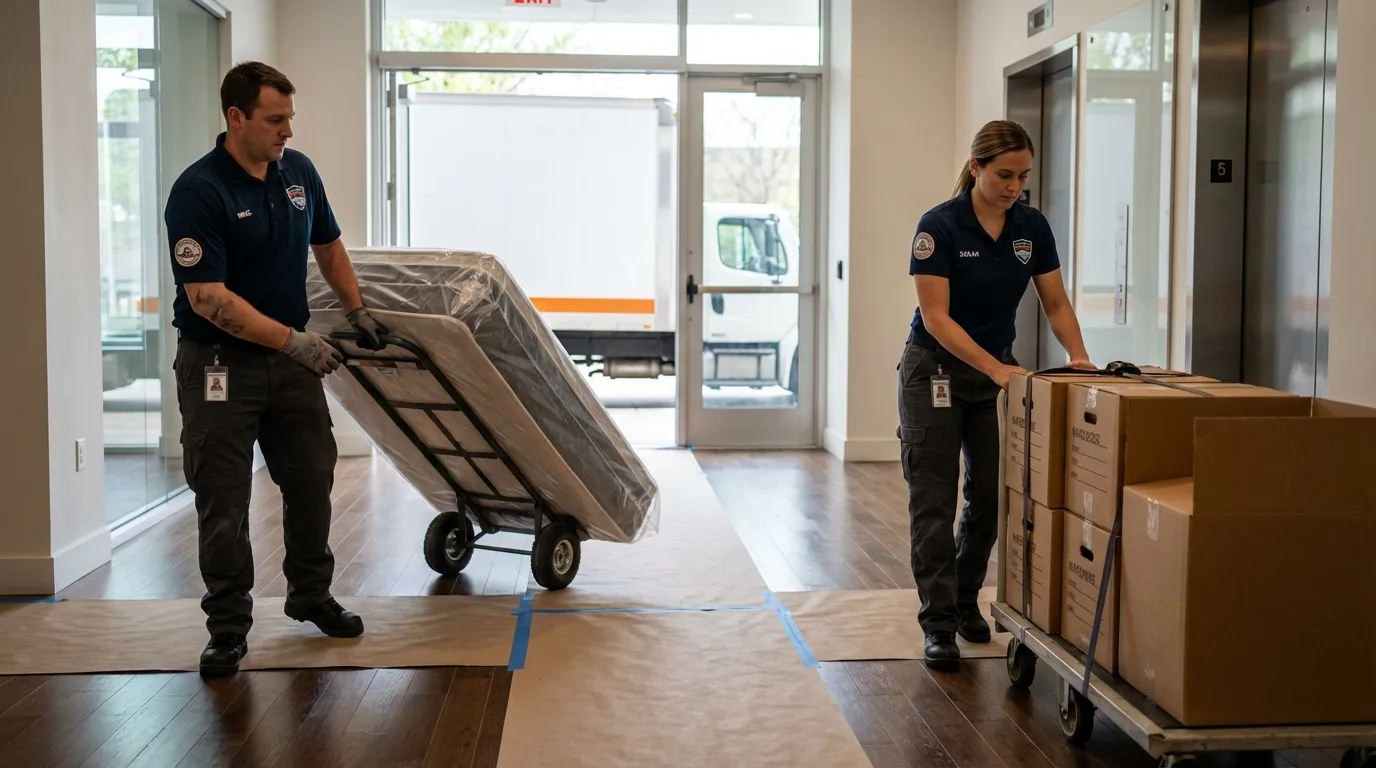 Professional apartment movers loading elevator in Mitchellville, IA