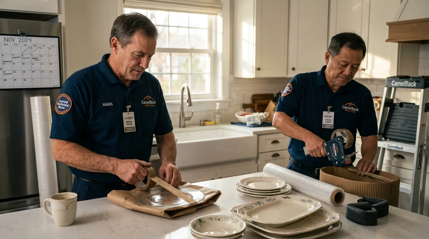 Professional crew packing kitchen dishware in Mitchellville, IA